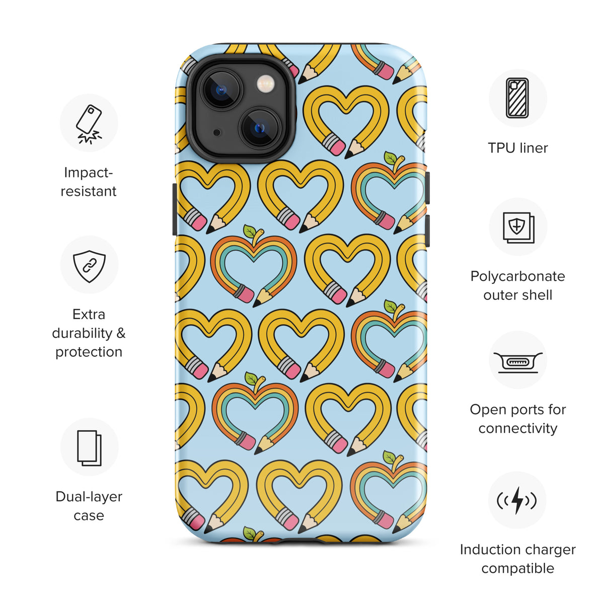 Phone Case of iPhone with playful pencil-heart pattern and growth symbols on a blue background, highlighting school-time creativity.