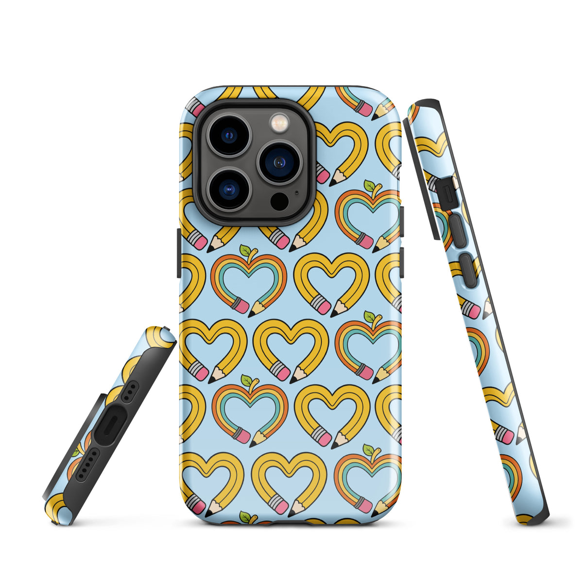 Phone Case with playful pencil-heart pattern, iPhone cover featuring whimsical design with green leaves, creativity and learning theme.