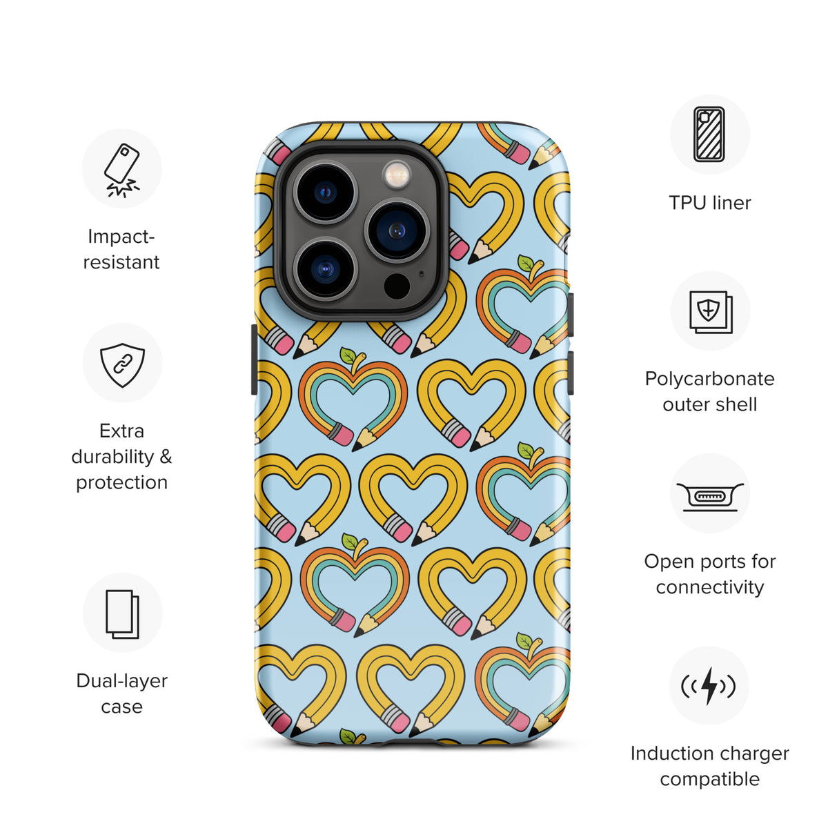Phone Case with playful pencil-heart pattern, featuring iPhone protection, representing fun and learning with green leaf details.