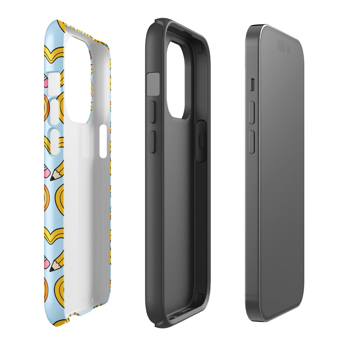 Phone Case with Playful Pencil-Heart Pattern, iPhone case showcasing whimsical design with hearts and pencils, perfect for school season.