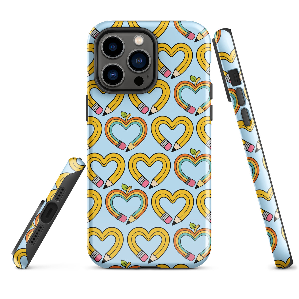 Phone Case with playful pencil-heart pattern, featuring whimsical designs with green leaves, ideal for creativity and back-to-school charm.