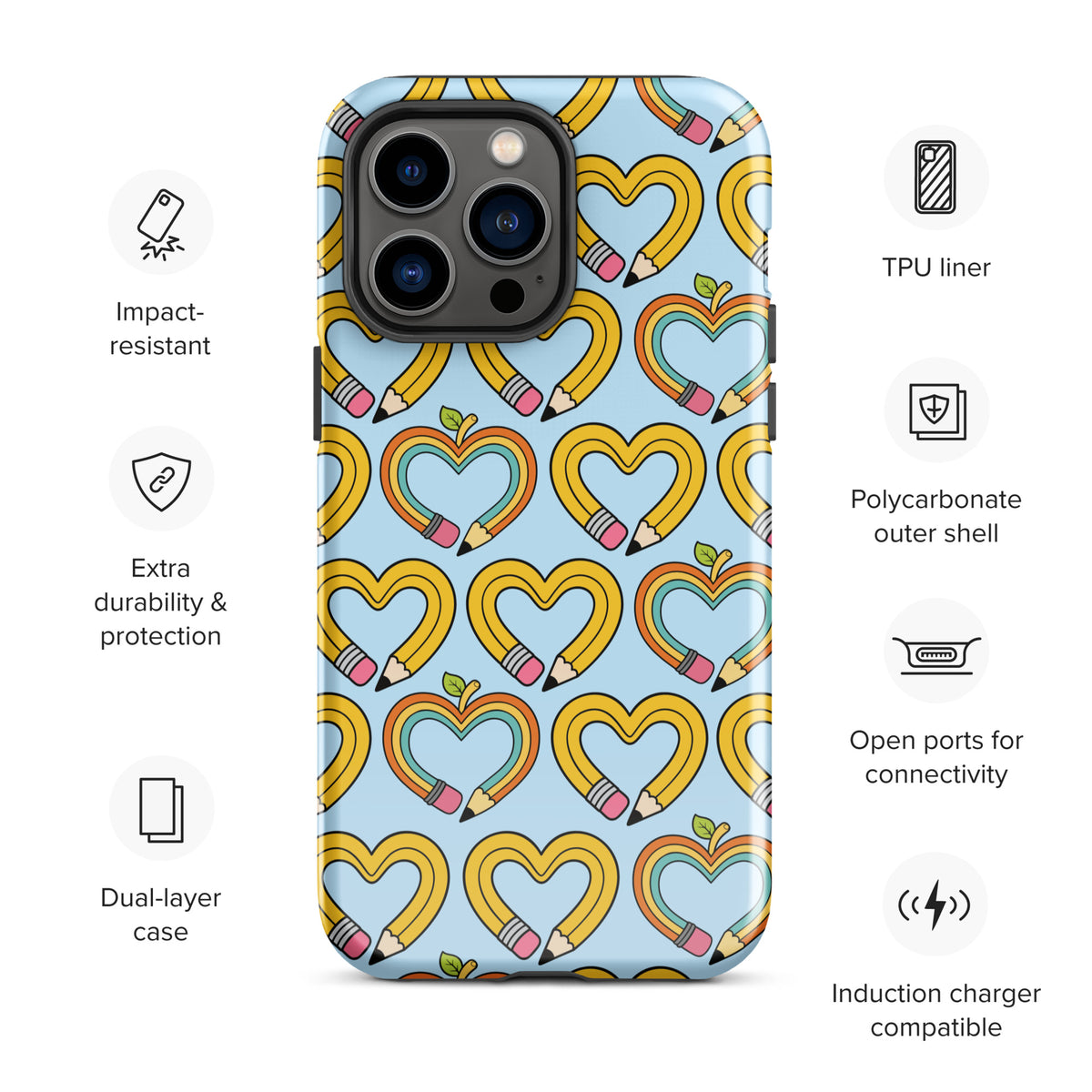 Phone Case with playful pencil-heart pattern on iPhone, featuring fun back-to-school design with impact-resistant protection.