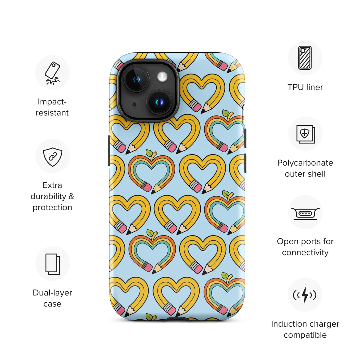 Phone Case for iPhone with playful pencil-heart pattern, featuring durable and impact-resistant protection for back-to-school style.