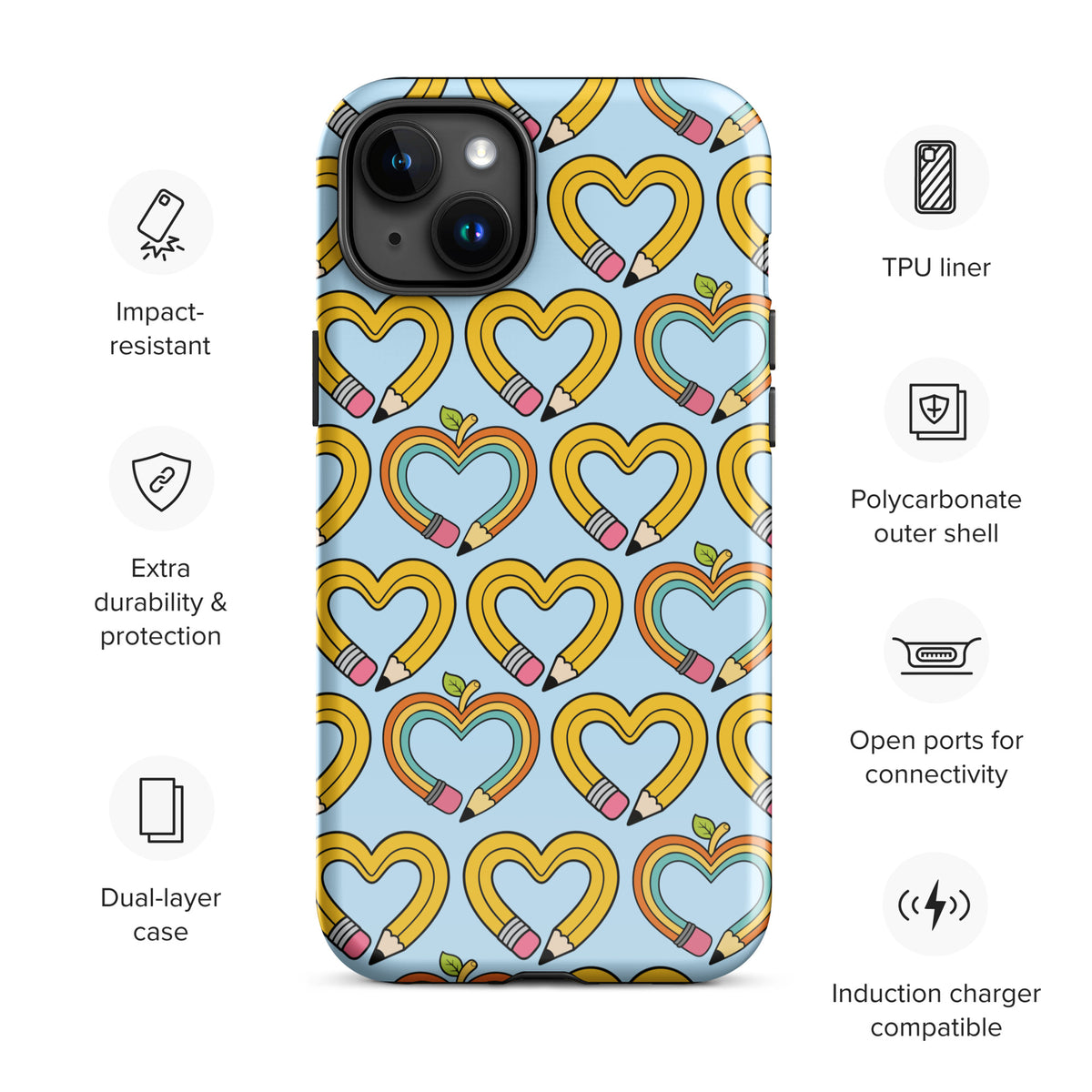 iPhone Phone Case with Pencil-Heart Pattern, impact-resistant, features induction charger compatibility and dual-layer protection.