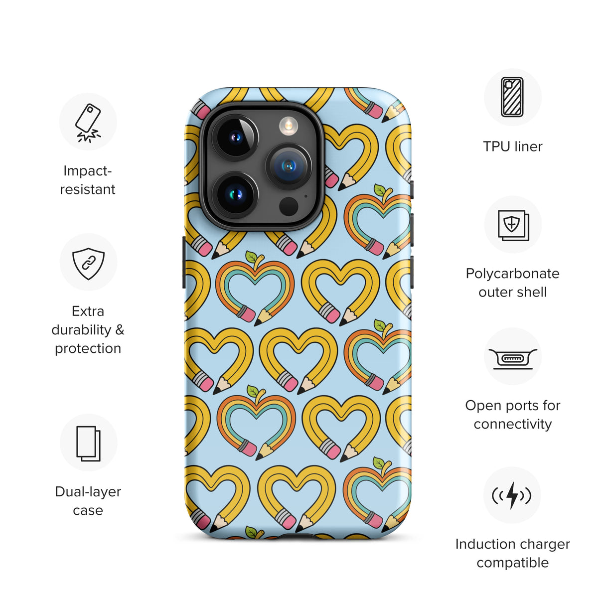 Phone Case with playful pencil-heart pattern design, featuring pencil-shaped hearts with leaves. Ideal for back-to-school charm and creativity.