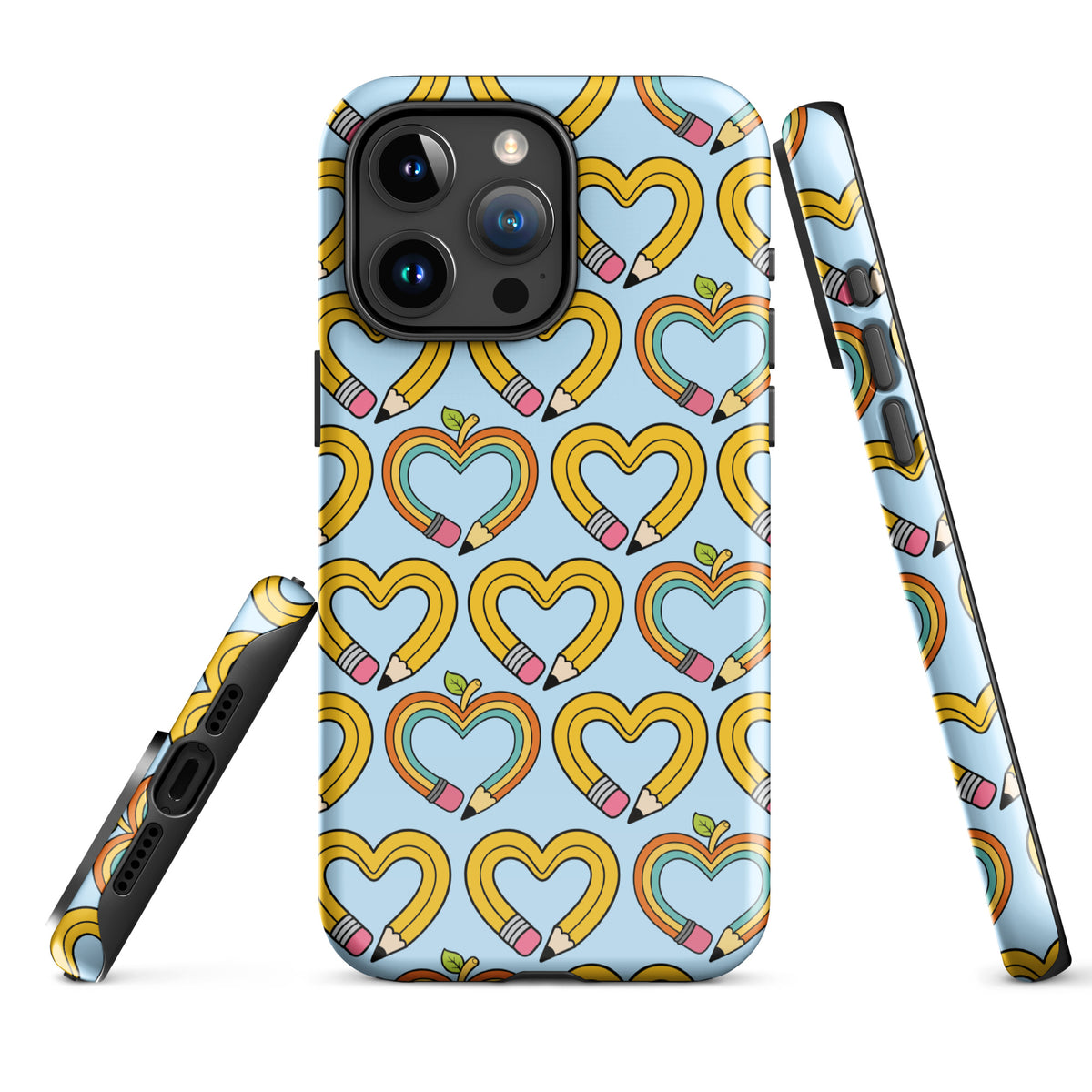 Phone Case with playful pencil-heart pattern and green leaves for iPhone, symbolizing creativity and back-to-school charm.