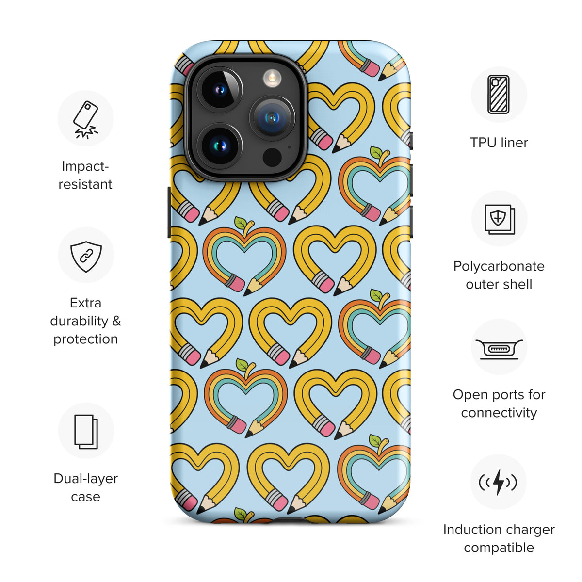 Phone Case of iPhone with playful pencil-heart pattern on blue background, featuring durability and impact resistance icons.