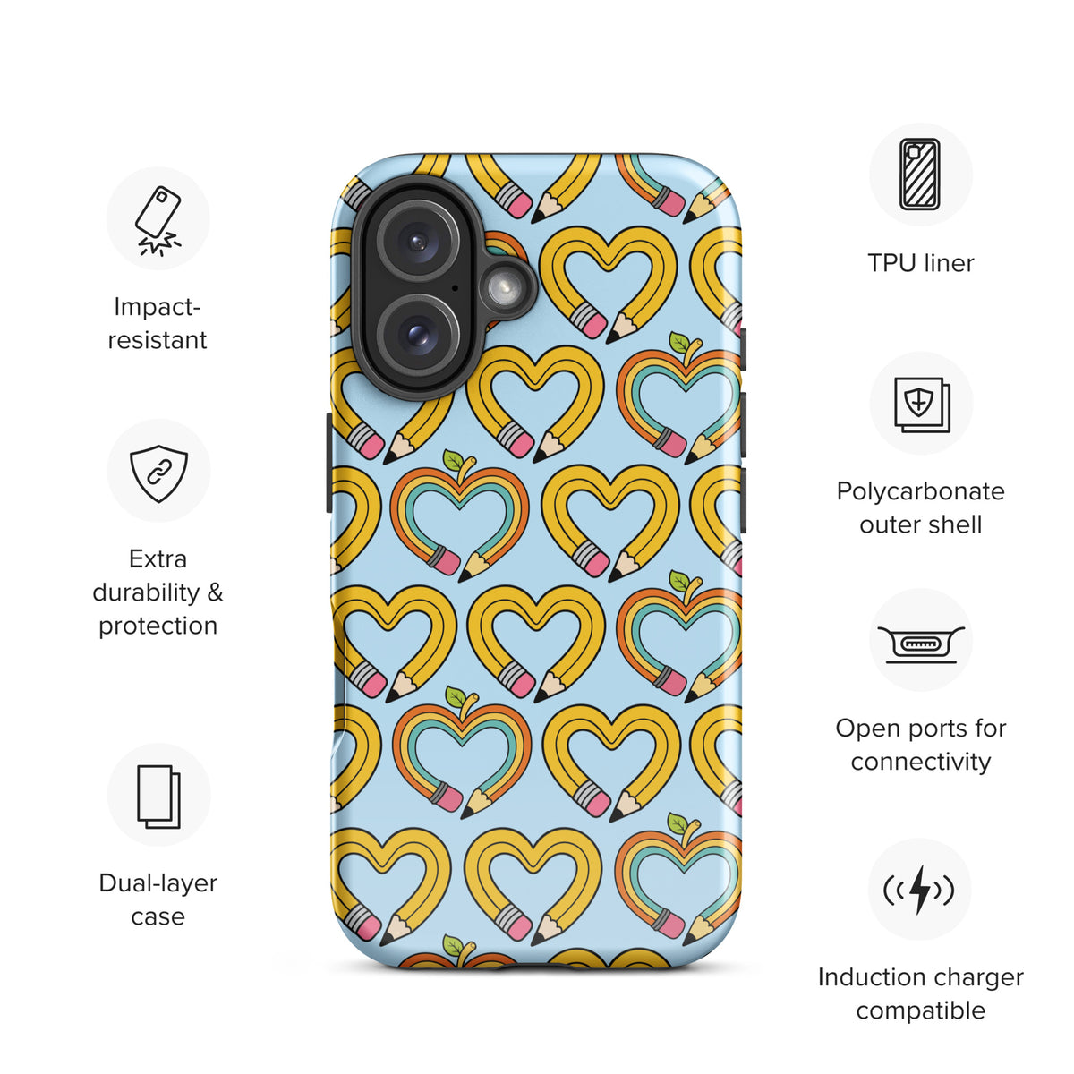 Phone Case with playful pencil-heart pattern, featuring pencil-shaped hearts with green leaves on durable, impact-resistant design.