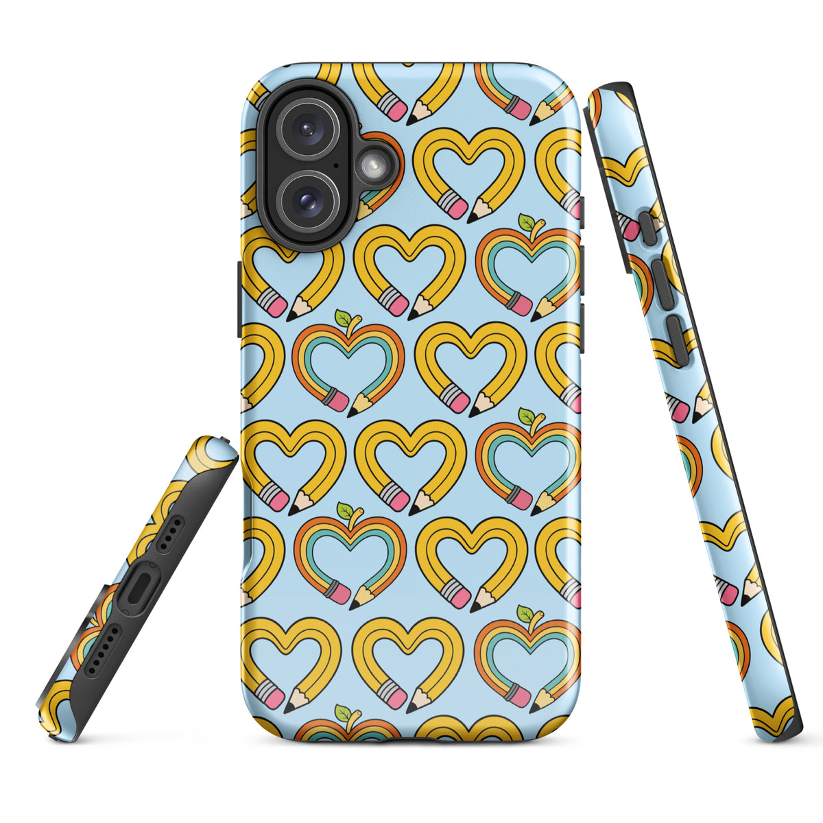Phone Case with playful pencil-heart pattern for iPhone, featuring whimsical design symbolizing creativity and growth.