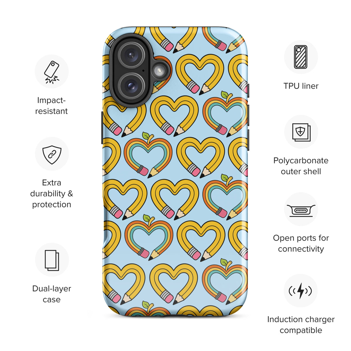 Phone Case with playful pencil-heart pattern, impact-resistant, TPU liner, polycarbonate shell, and induction charger compatible.