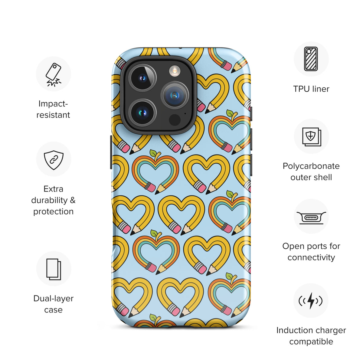 Phone Case with playful pencil-heart pattern and growth theme, impact-resistant design ideal for back-to-school charm - eco-conscious