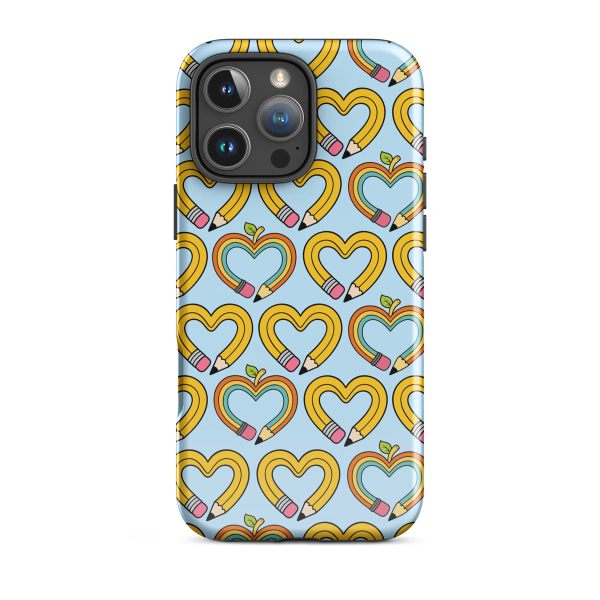 Phone Case with playful pencil-heart pattern, pencil-shaped hearts with green leaves, iPhone accessory, fun and luxurious design.