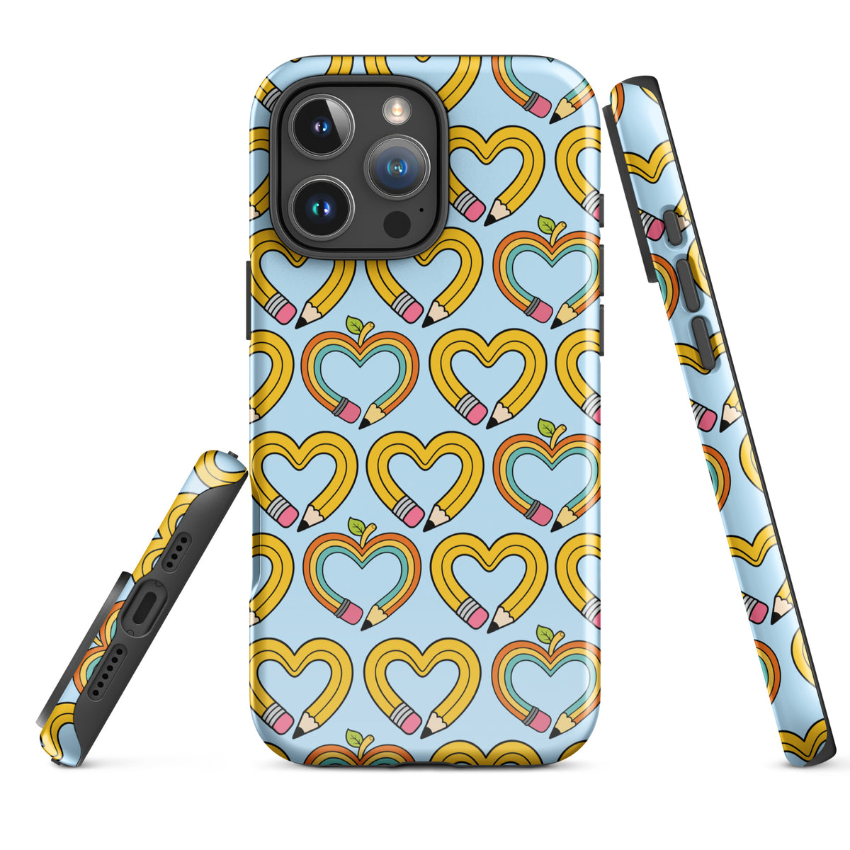 Phone Case with playful pencil-heart pattern, colorful and whimsical design for iPhone, promoting creativity and back-to-school charm.