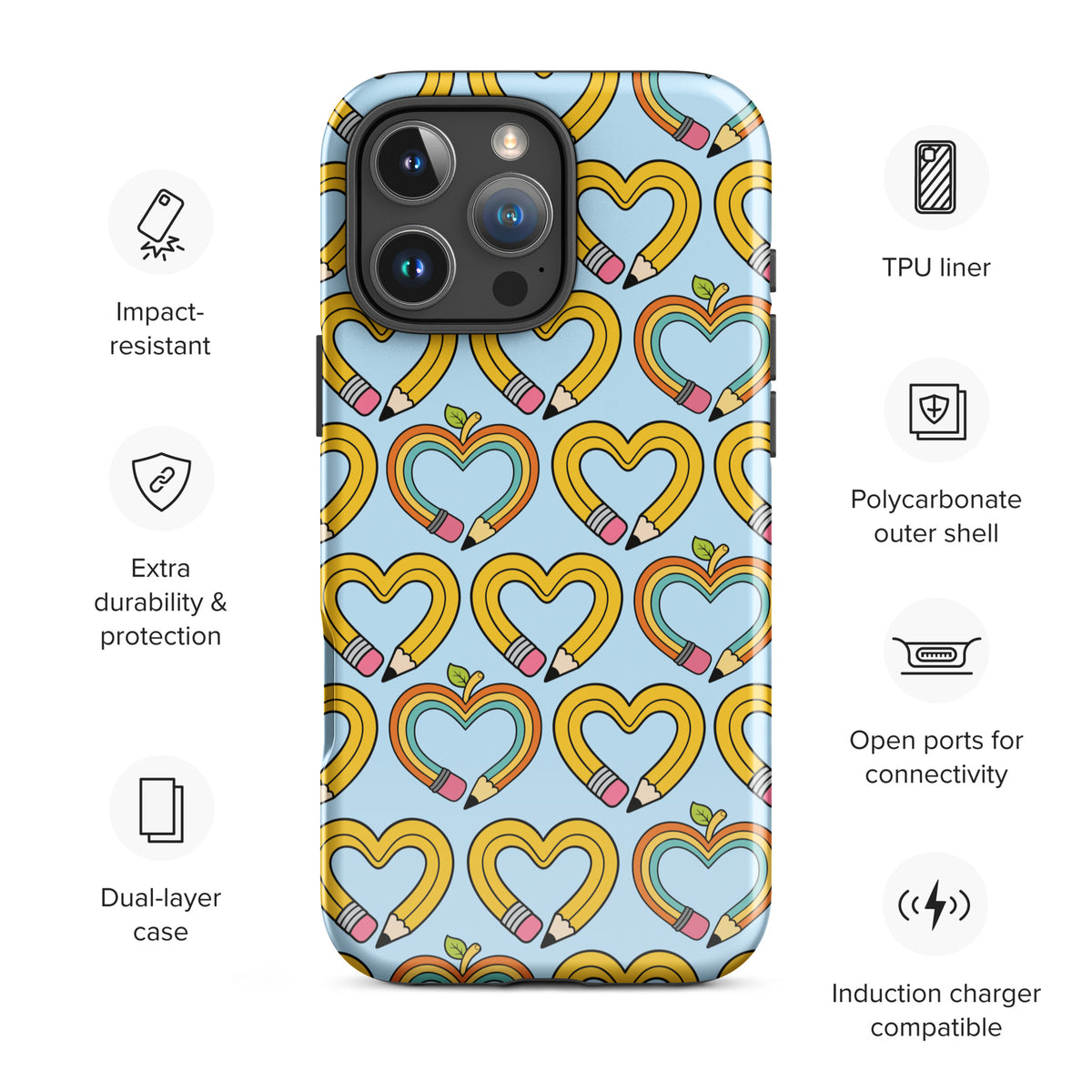 Phone Case of iPhone - Playful Pencil‑Heart Pattern with growth symbols, back-to-school theme, and durable features displayed.