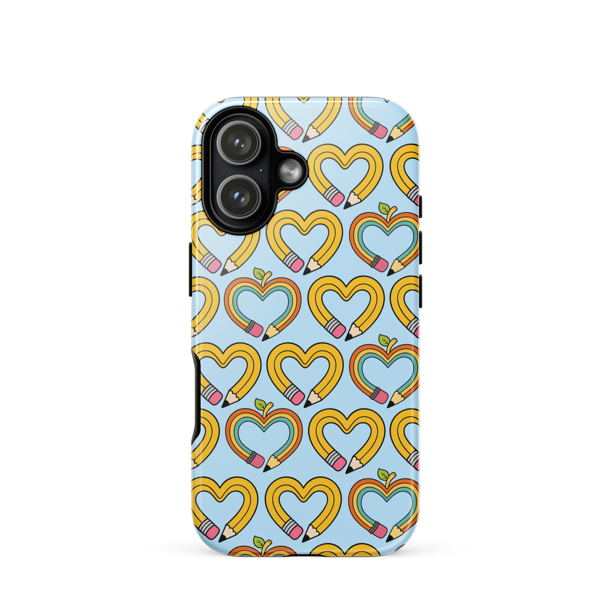 Phone Case with playful pencil-heart pattern featuring pencil-shaped hearts and tiny green leaves, ideal for back-to-school charm.