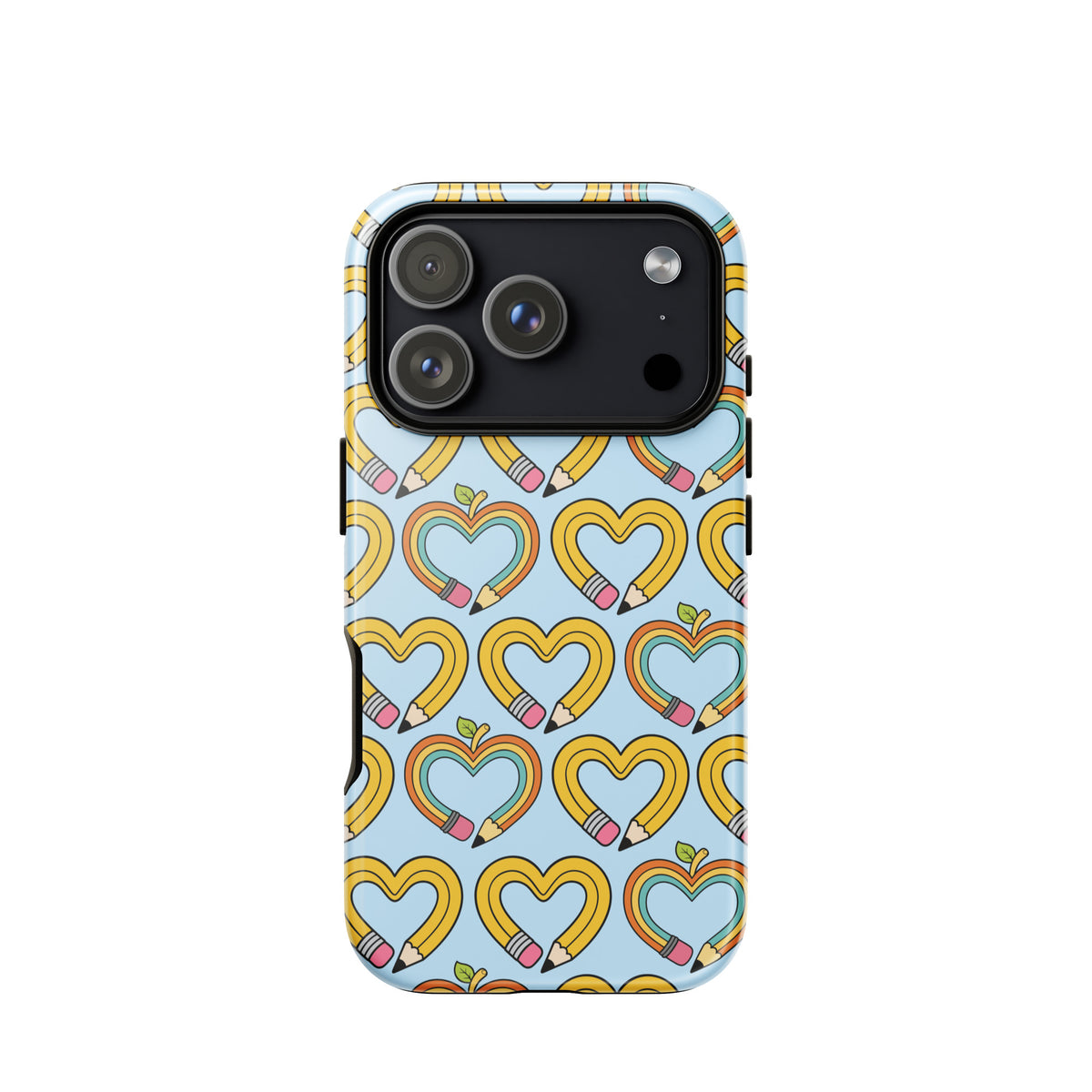 Phone Case of iPhone with playful pencil-heart pattern design, featuring pencil-shaped hearts with leaves symbolizing creativity and growth.