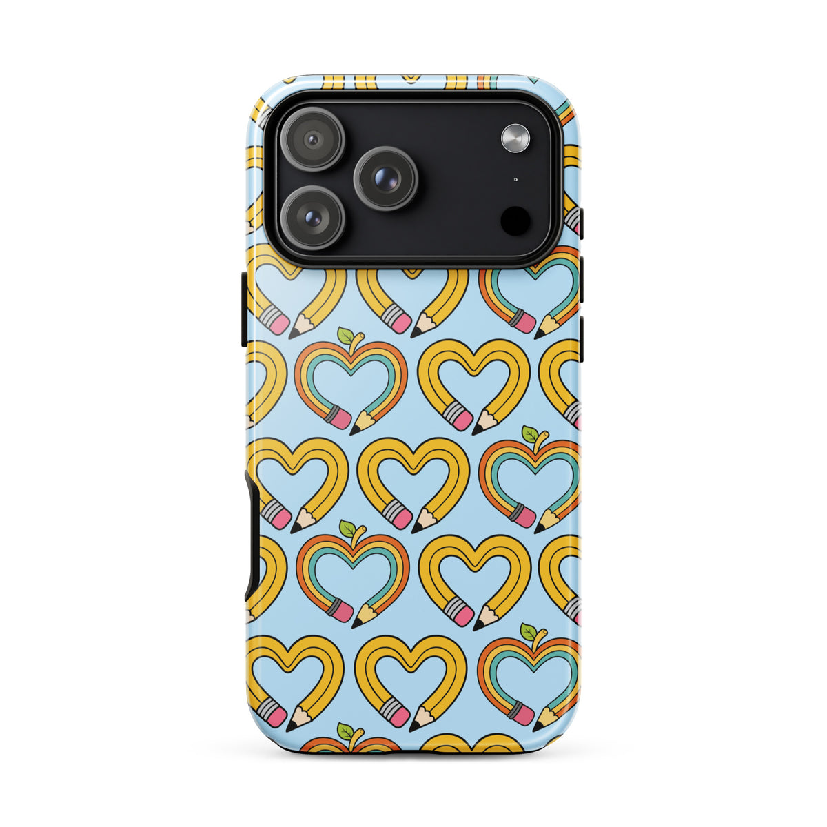 Phone Case with playful pencil-heart pattern celebrating creativity and learning with whimsical pencil-shaped hearts and green leaves.