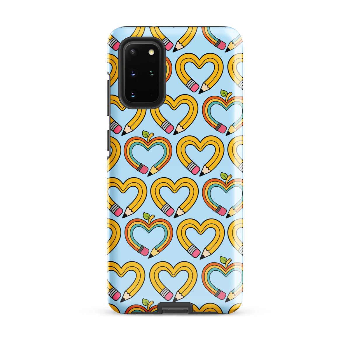 Phone Case for Samsung Galaxy with playful pencil-heart pattern, featuring whimsical designs and pencil-shaped hearts with leaves.