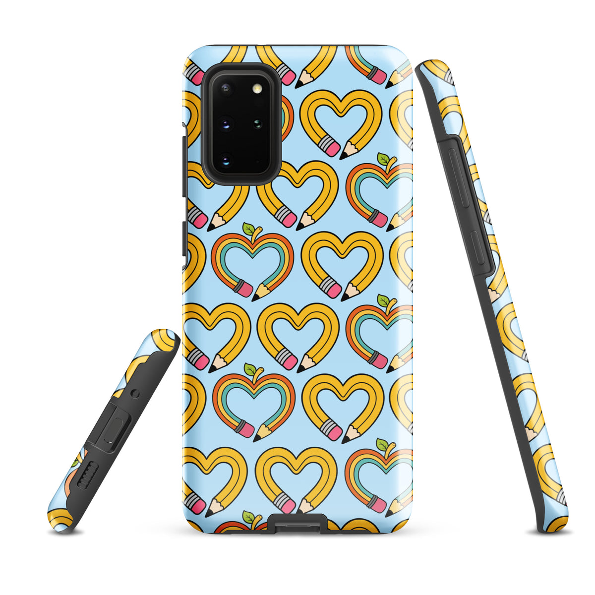 Phone Case for Samsung Galaxy with playful pencil-heart pattern, featuring whimsical hearts with leaves on a blue background.