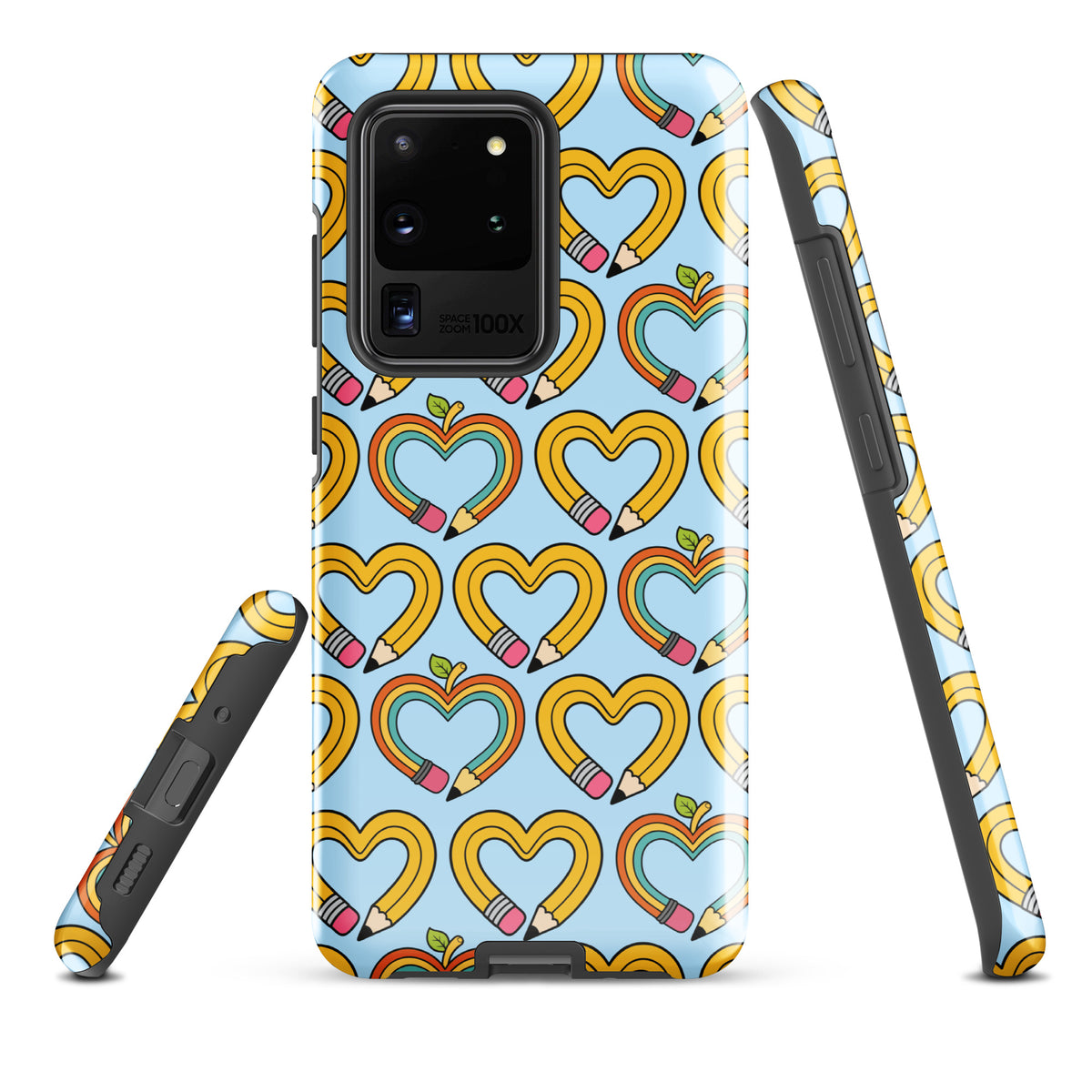 Phone Case for Samsung Galaxy with playful pencil-heart pattern, featuring whimsical pencil-shaped hearts and green leaves on a blue background.