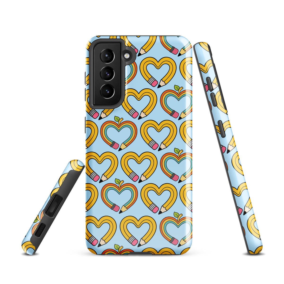 Phone Case for Samsung Galaxy with playful pencil-heart pattern featuring colorful leaves, symbolizing creativity and growth.