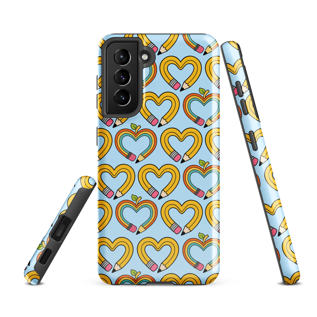 Phone Case for Samsung Galaxy with playful pencil-heart pattern, featuring creative design with pencil-shaped hearts and green leaves.