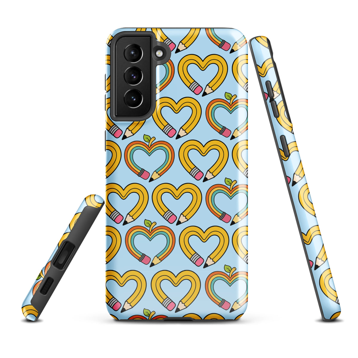 Phone Case for Samsung Galaxy with playful pencil-heart pattern and tiny green leaves, symbolizing creativity and growth.