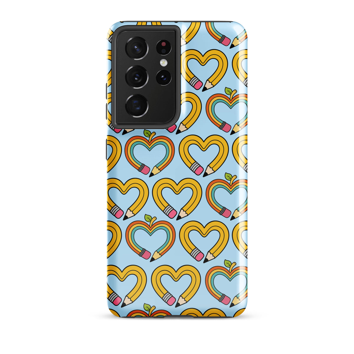 Phone Case for Samsung Galaxy with playful pencil-heart pattern and leaf detail, symbolizing growth and creativity, back-to-school style