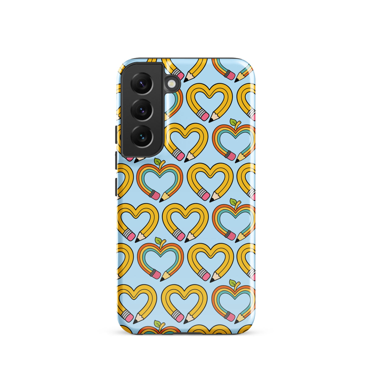 Phone Case for Samsung Galaxy with playful pencil-heart pattern, featuring yellow and blue colors with green leaves, symbolizing creativity.