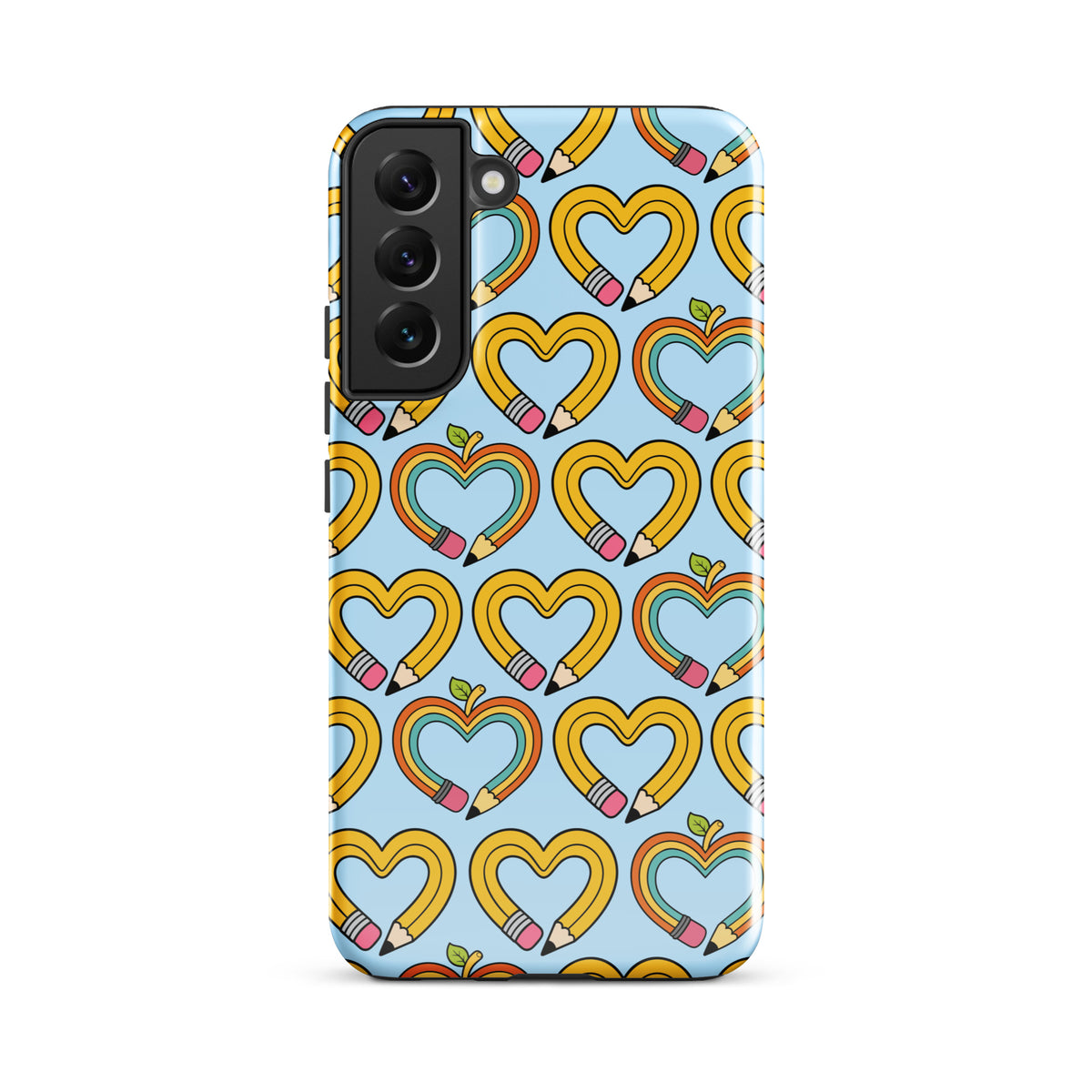 Phone Case for Samsung Galaxy with playful pencil-heart pattern featuring green leaves on a light blue background.