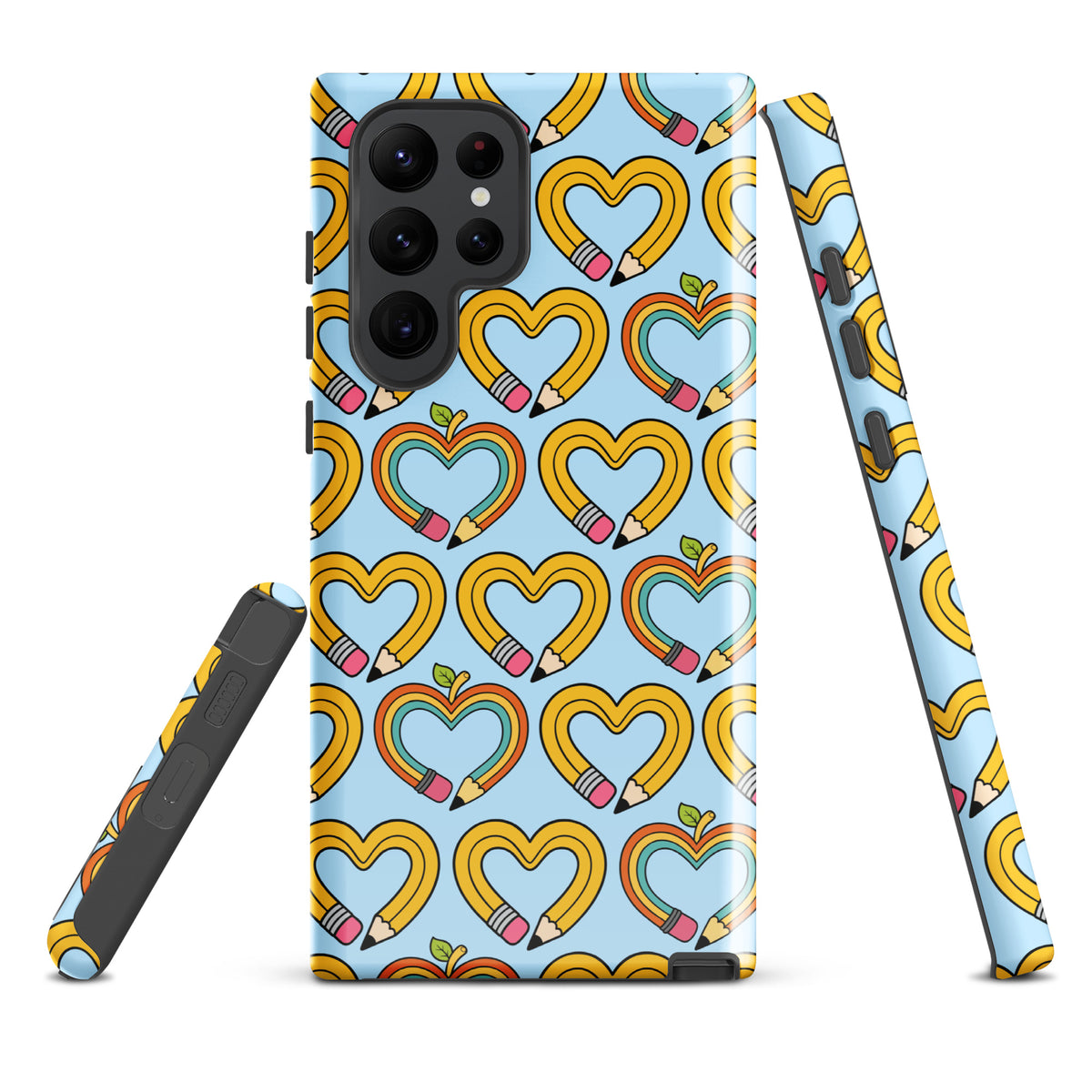 Phone Case for Samsung Galaxy with playful pencil-heart pattern featuring pencil-shaped hearts and green leaves symbolizing creativity.