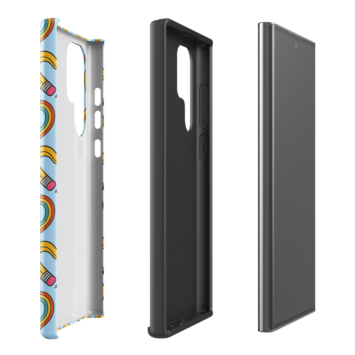 Phone Case for Samsung Galaxy with playful pencil-heart pattern, playful design, three views showing unique colorful graphics and sturdy build.