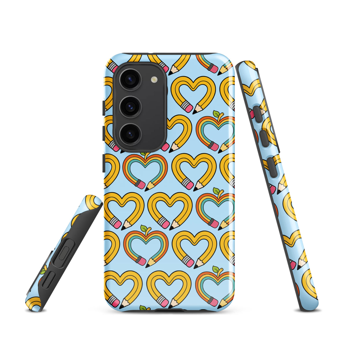 Phone Case for Samsung Galaxy with playful pencil-heart pattern, featuring pencil-shaped hearts with green leaves, symbolizing creativity.