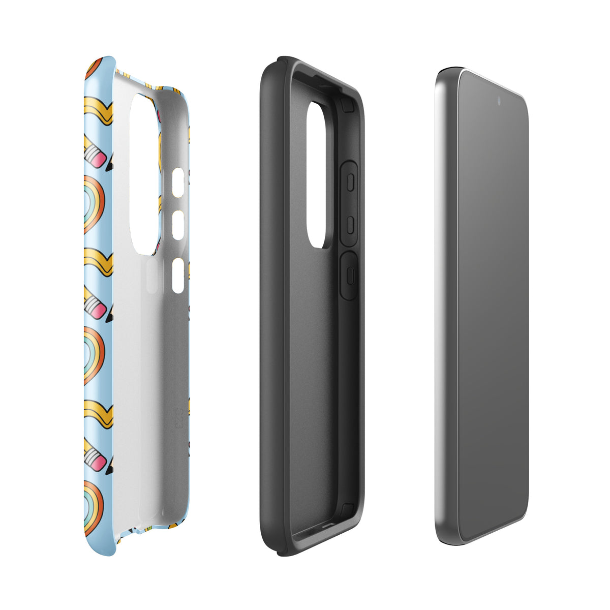 Phone Case for Samsung Galaxy with playful pencil-heart pattern, featuring vibrant colors and whimsical design elements, side view.
