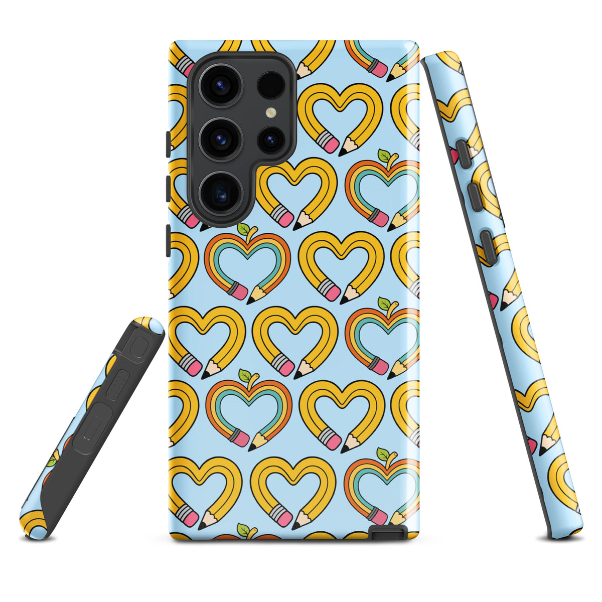 Phone Case for Samsung Galaxy with playful pencil-heart pattern, featuring pencil-shaped hearts with green leaves on a blue background.