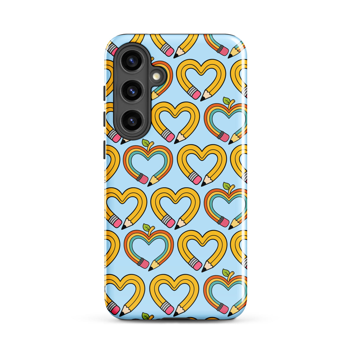 Phone Case for Samsung Galaxy with playful pencil-heart pattern design featuring pencil-shaped hearts and tiny green leaves.