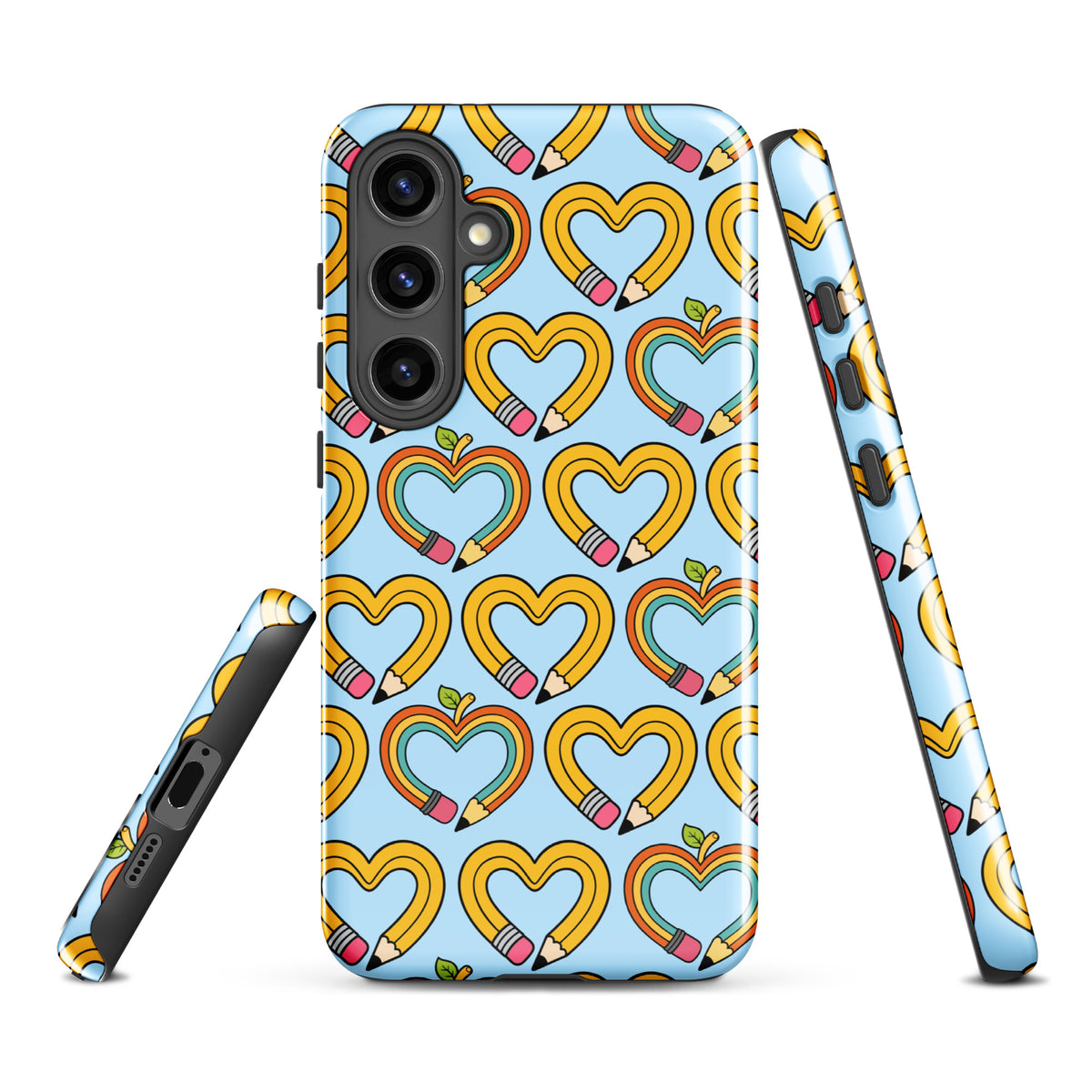Phone Case for Samsung Galaxy with playful pencil-heart pattern symbolizing creativity and growth on a blue background.