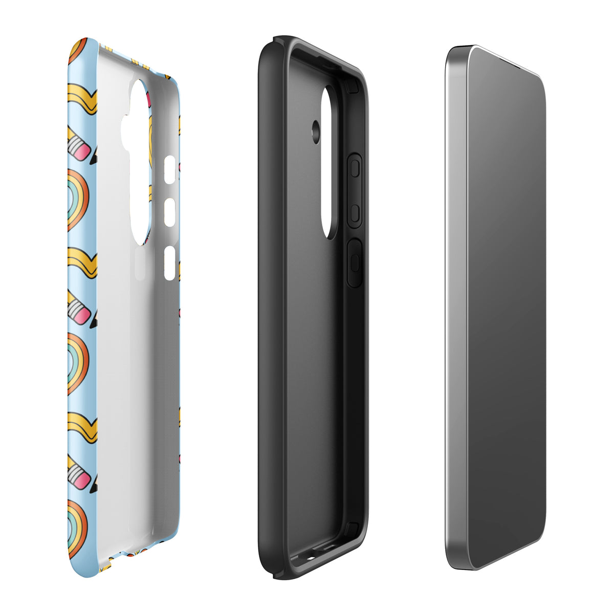 Phone Case for Samsung Galaxy with playful pencil-heart pattern and green leaves, showcasing creativity and back-to-school charm.