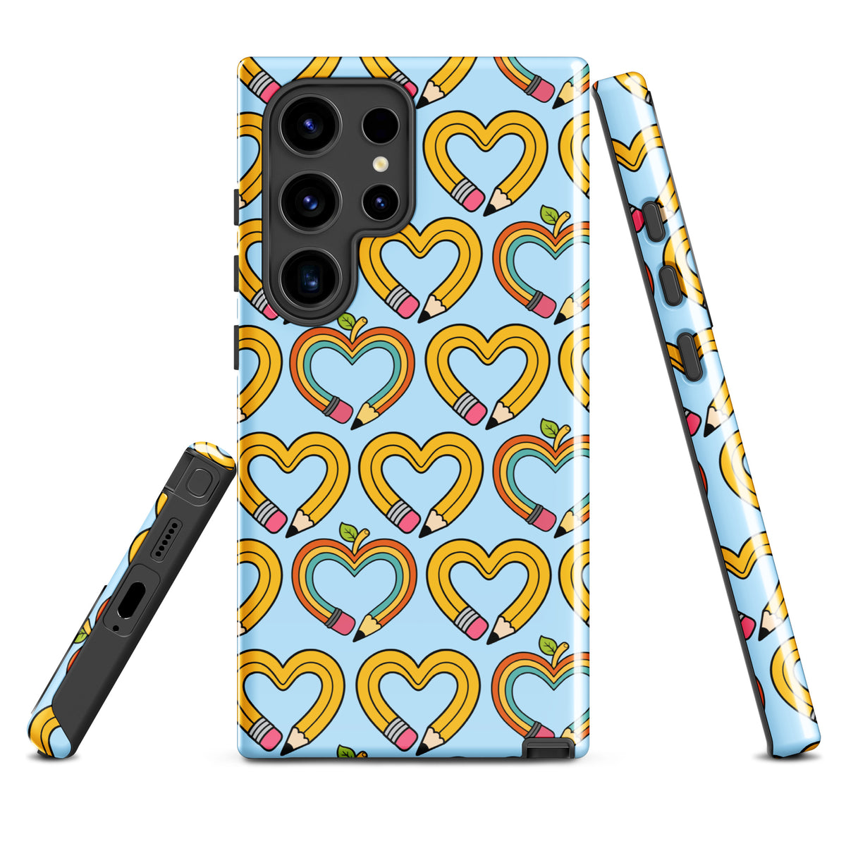 Phone Case for Samsung Galaxy with playful pencil-heart pattern, featuring pencil-shaped hearts and green leaves on a blue background.