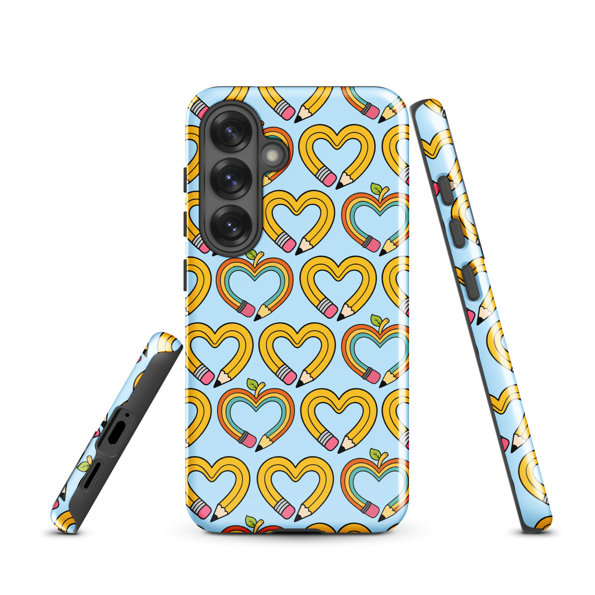 Phone Case for Samsung Galaxy with playful pencil-heart pattern, featuring whimsical yellow hearts and tiny green leaves on a blue background.