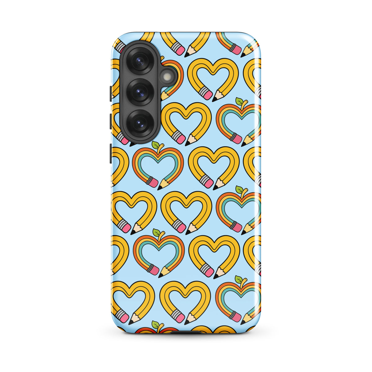 Phone Case for Samsung Galaxy with playful pencil-heart pattern featuring growth-inspired design on a blue background.