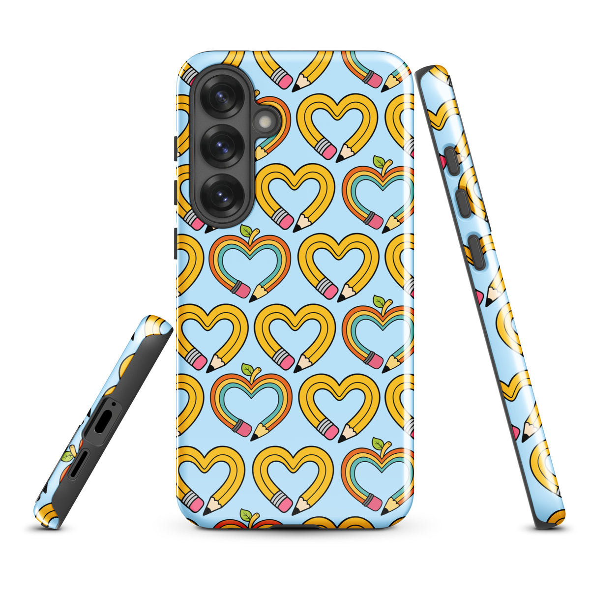Phone Case for Samsung Galaxy with playful pencil-heart pattern on a blue background, symbolizing creativity and learning.