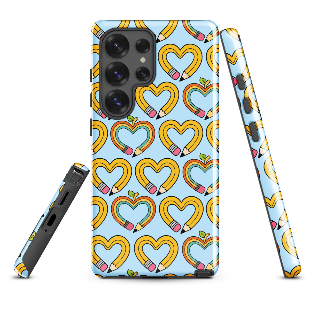 Phone Case for Samsung Galaxy with playful pencil-heart pattern featuring growth symbols on blue background.