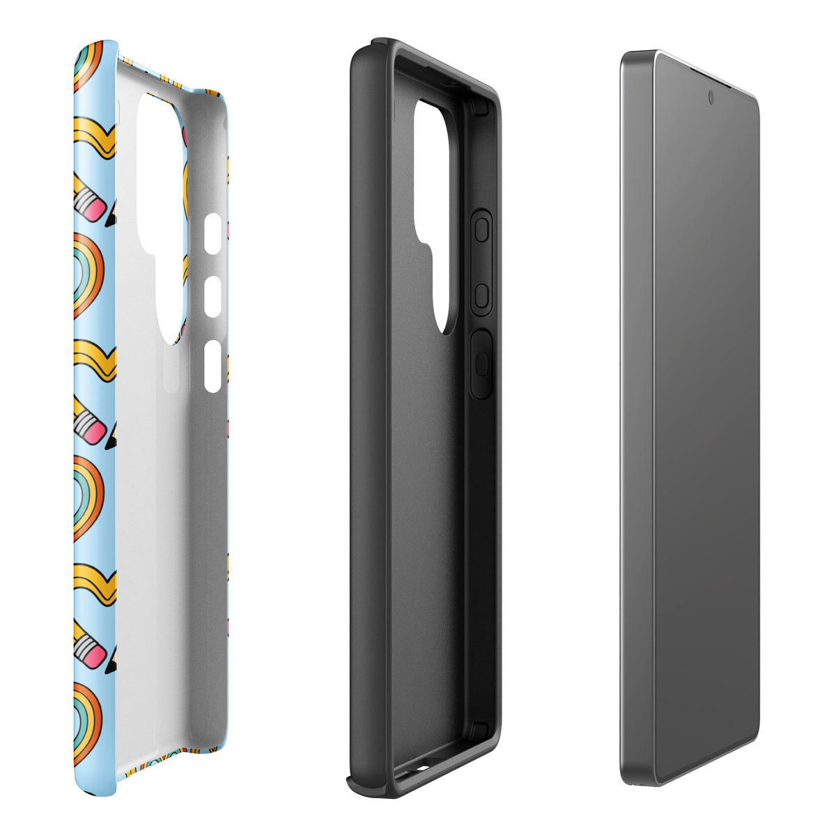 Phone Case for Samsung Galaxy with playful pencil-heart pattern, side and back view, featuring whimsical design for creativity and growth.