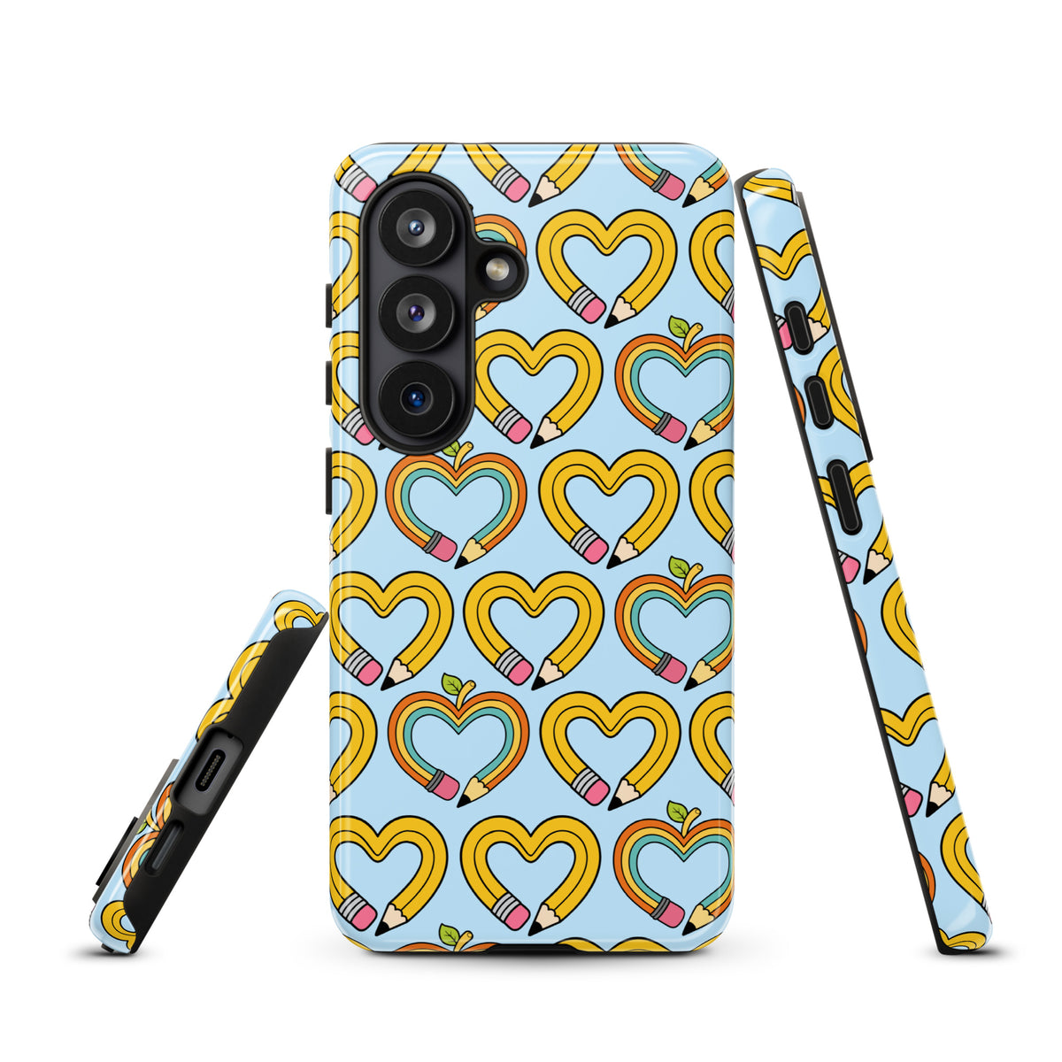 Phone Case for Samsung Galaxy with playful pencil-heart pattern, featuring whimsical hearts and green leaves symbolizing growth and creativity.