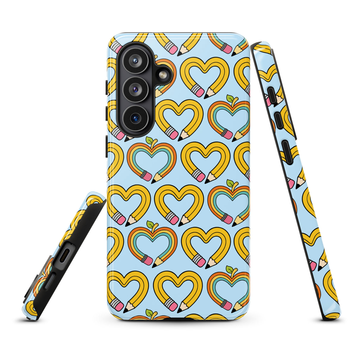 Phone Case for Samsung Galaxy with playful pencil-heart pattern featuring whimsical pencil shapes and green leaves, symbolizing creativity.