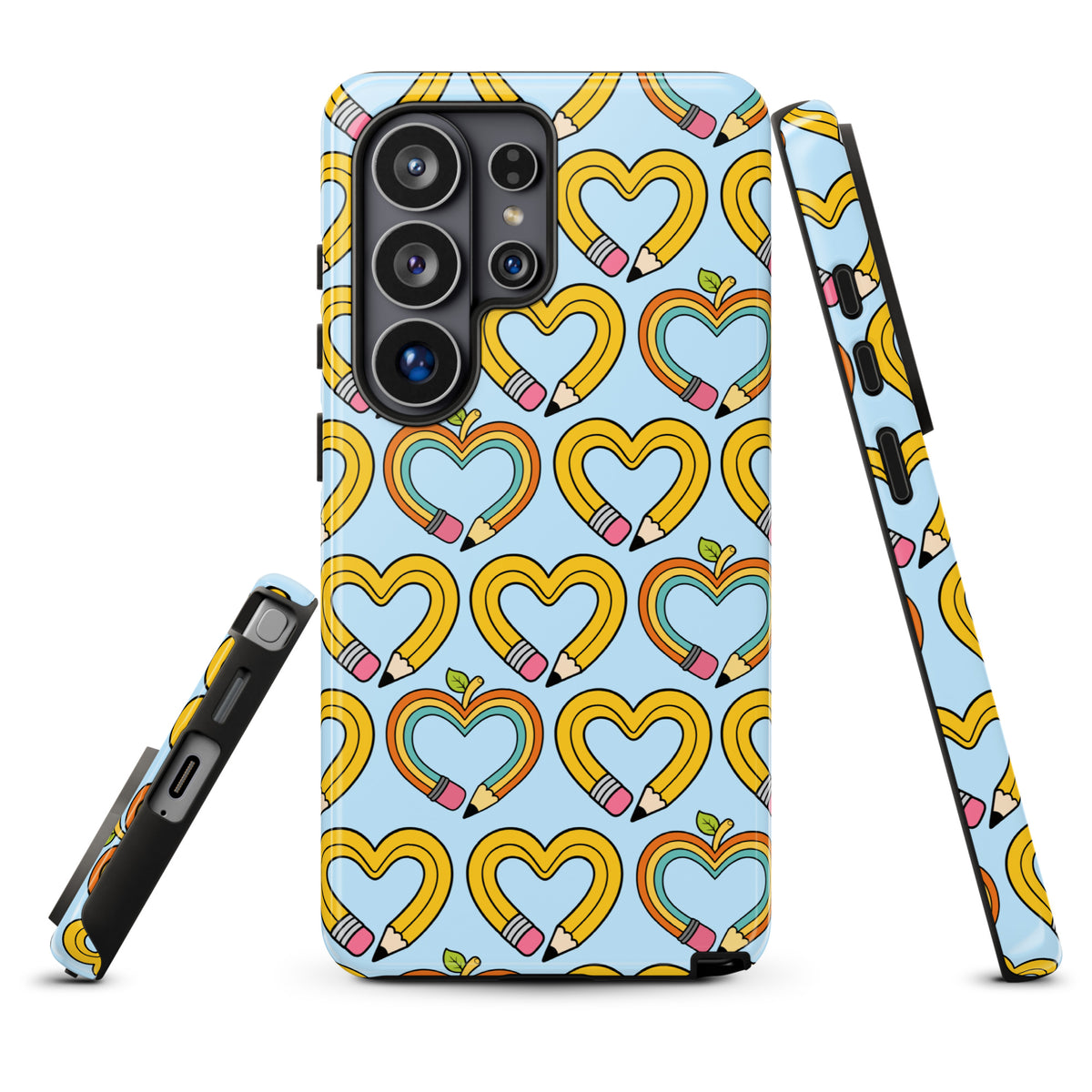 Phone Case for Samsung Galaxy with playful pencil-heart pattern design in yellow and blue, featuring pencil hearts with green leaves.