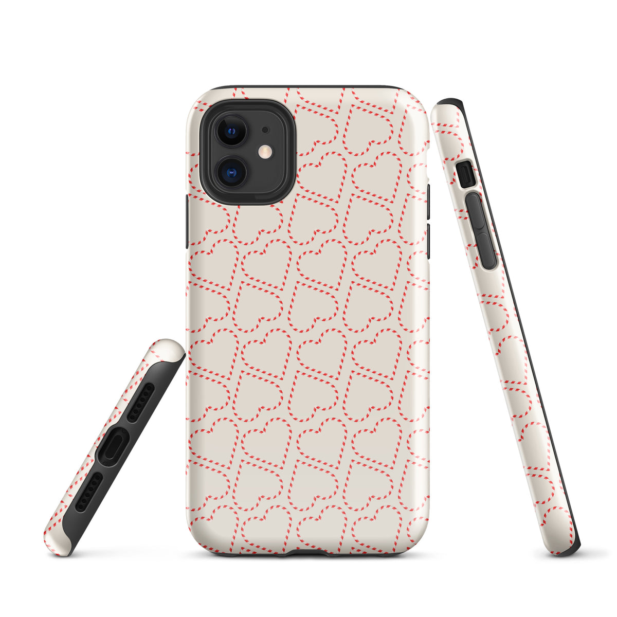 Phone Case for iPhone with holiday candy cane heart pattern in red and white, festive and cozy seasonal design for winter celebrations.