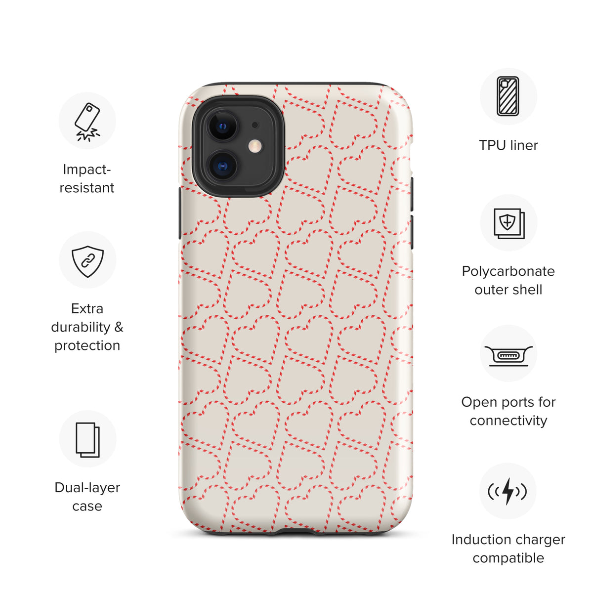 Phone Case for iPhone with Holiday Candy Cane Heart Pattern, featuring festive red and white stripes for a cheerful winter design.