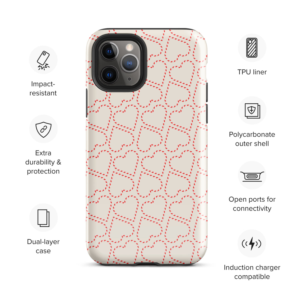 Phone Case with holiday candy cane heart pattern for iPhone, featuring impact-resistant, dual-layer protection, and charging compatibility.